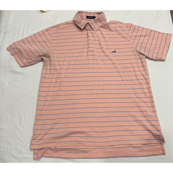 Southern Marsh Peach Polo Shirt Men's Size M Short Sleeve Blue Duck Striped - Picture 1 of 8